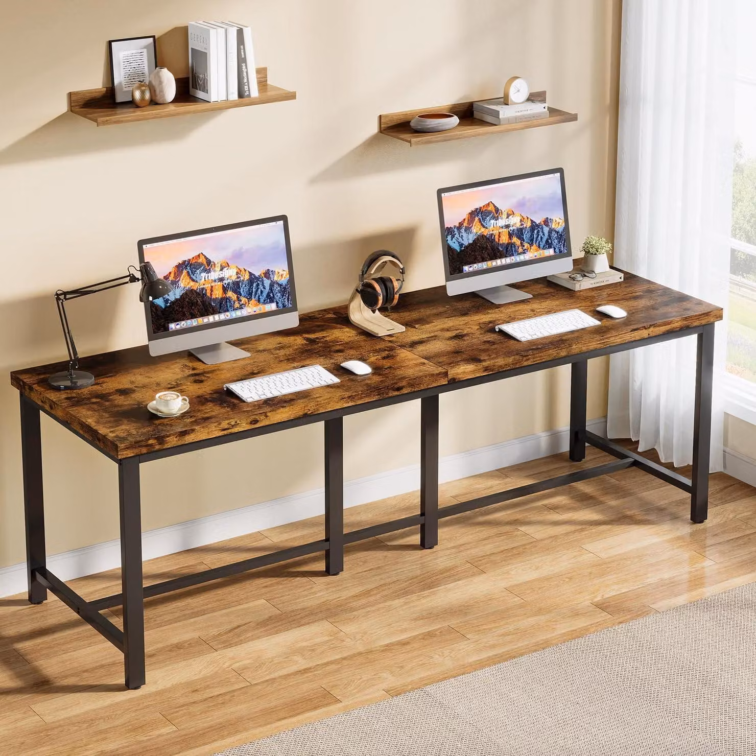 Scrivania doppia, dimensioni 200 x 60 cm, scrivania per computer, scrivania da ufficio, scrivania per lo studio, ideale per l'ufficio domestico, stile vintage, struttura in metallo, colore marrone