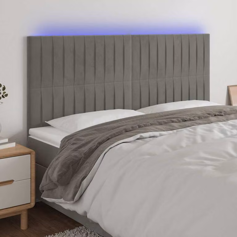 Testiera per letto vidaXL in velluto grigio con illuminazione LED e porta di ricarica USB, L/P/H: 160 x 5 x 118/128 cm