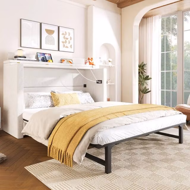 Letto a scomparsa in lino beige 140×200 cm che si trasforma in armadio, con cassetto, porte USB e Type-C e ripiano in testata, senza materasso