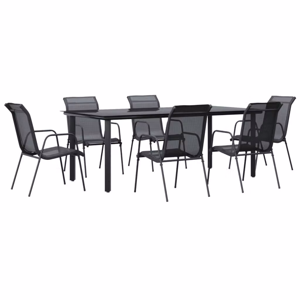 Set da Pranzo da Giardino 7 pz Nero in Acciaio e Textilene
