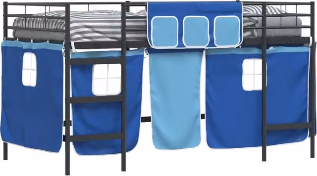 Letto Loft Singolo per Bambini in Metallo con Scala e Tendine in Tessuto Nero e Blu L: 112 cm, P: 116 cm, H: 205 cm