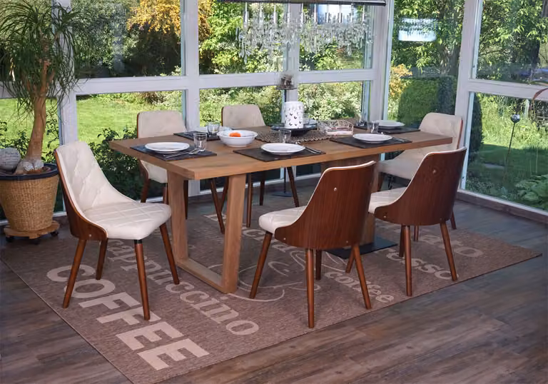 set di 6 sedie per sala da pranzo HWC-A75, sedia visitatore sedia da cucina, legno curvato effetto noce ~ pelle artificiale crema