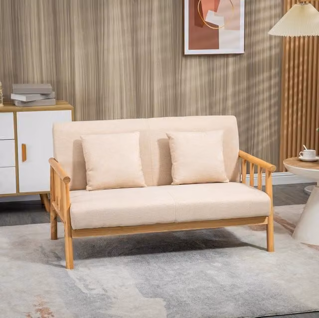 Divano 2 posti in tessuto effetto lino beige con struttura in legno massello 123x69x74 cm