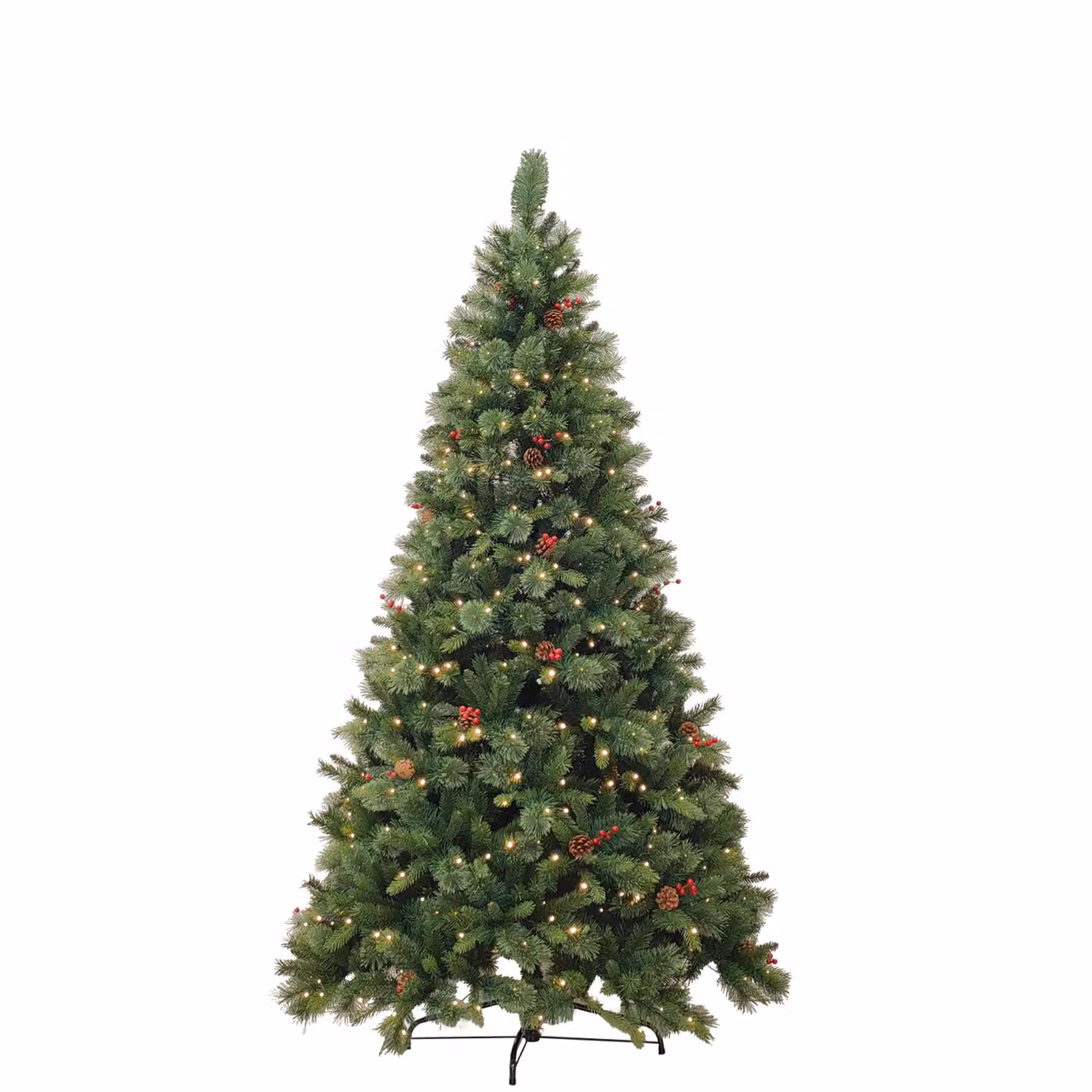 Albero di Natale Luminoso DICTROLUX Sirino con 500 LED Bianco Caldo, Pigne e Bacche, H: 210 cm, Diametro alla base: 118 cm – 1
