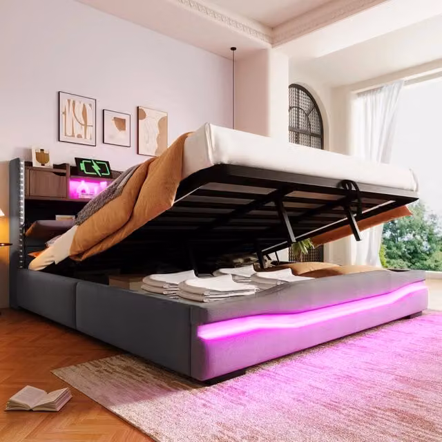 Letto matrimoniale 180x200 cm, con prese di ricarica, luci a LED, vano portaoggetti, grigio