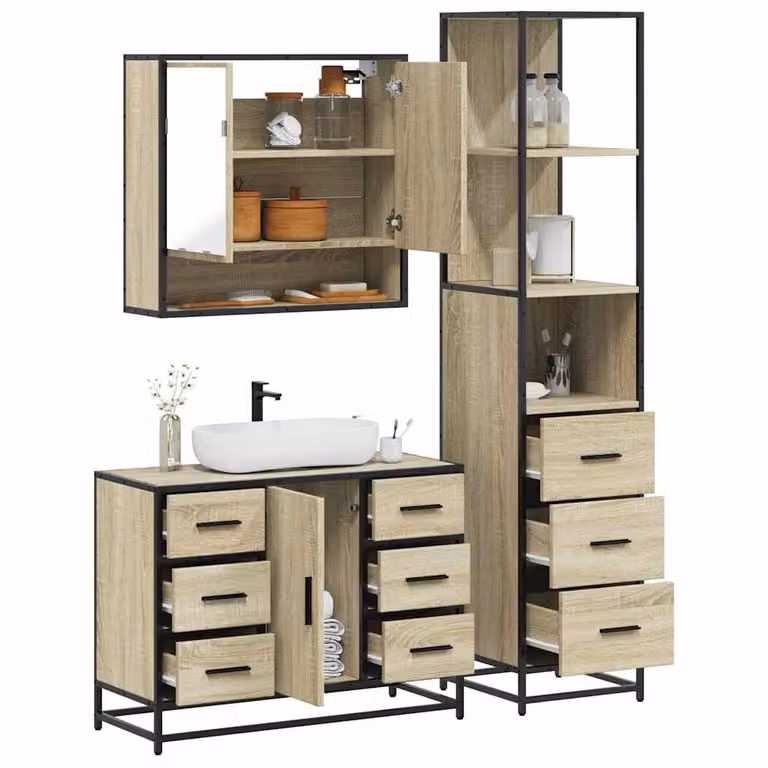 Set di mobili da bagno industrial vidaXL in legno e metallo marrone composto da armadietto con specchio, mobile lavabo e colonna alta