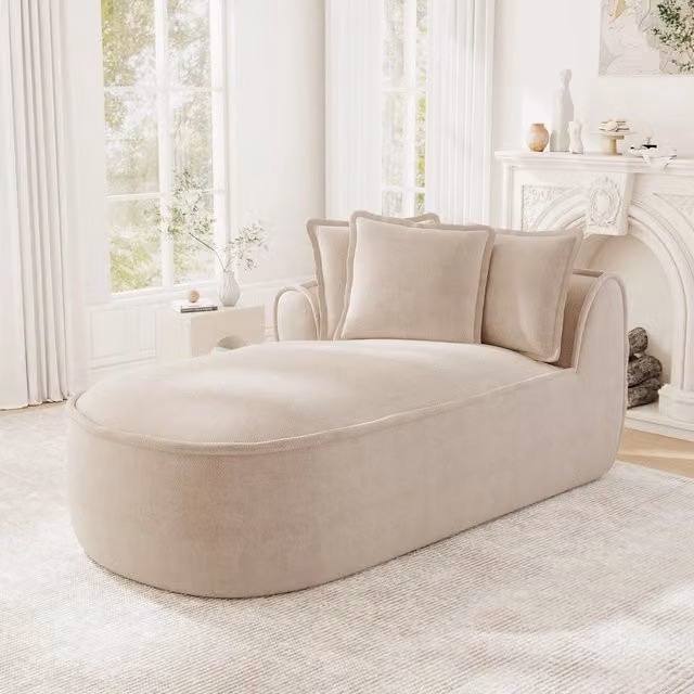 Divano modulare Mivray a L con chaise longue sinistra in velluto beige e poggiatesta regolabile