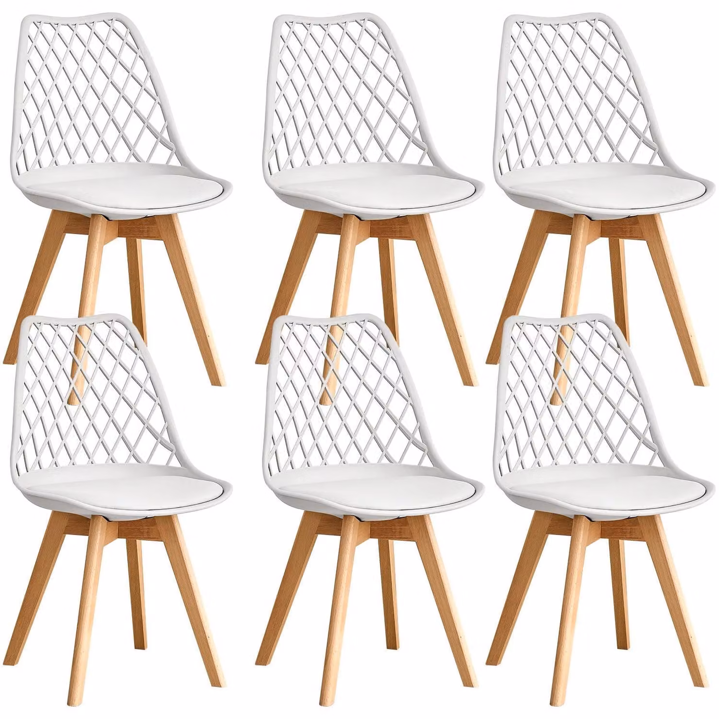 Set da 6 sedie da pranzo - Sedia da pranzo - Stile moderno - Seduta imbottita in ecopelle - Gambe in legno massello - Scocca in plastica - Senza braccioli - Bianco