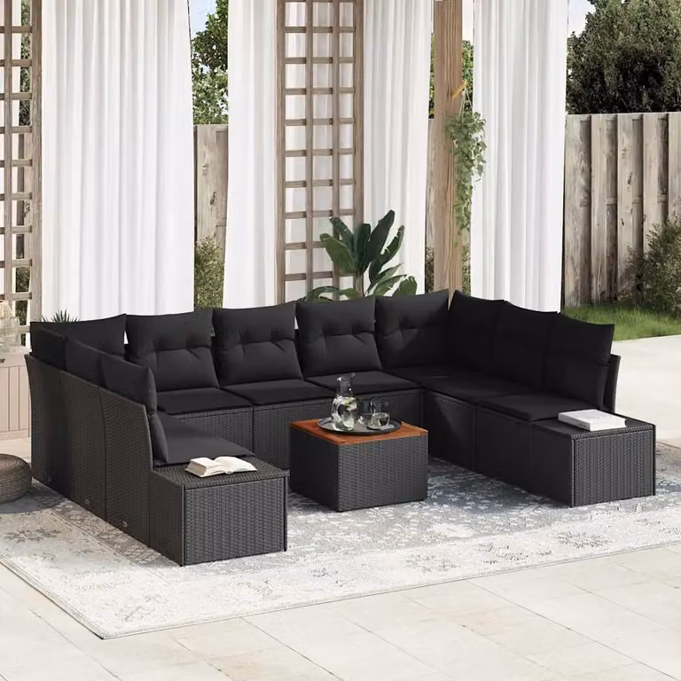 Set Divano da Giardino vidaXL a forma a U composto da 10 pezzi con Tavolino e Cuscini, Colore Nero