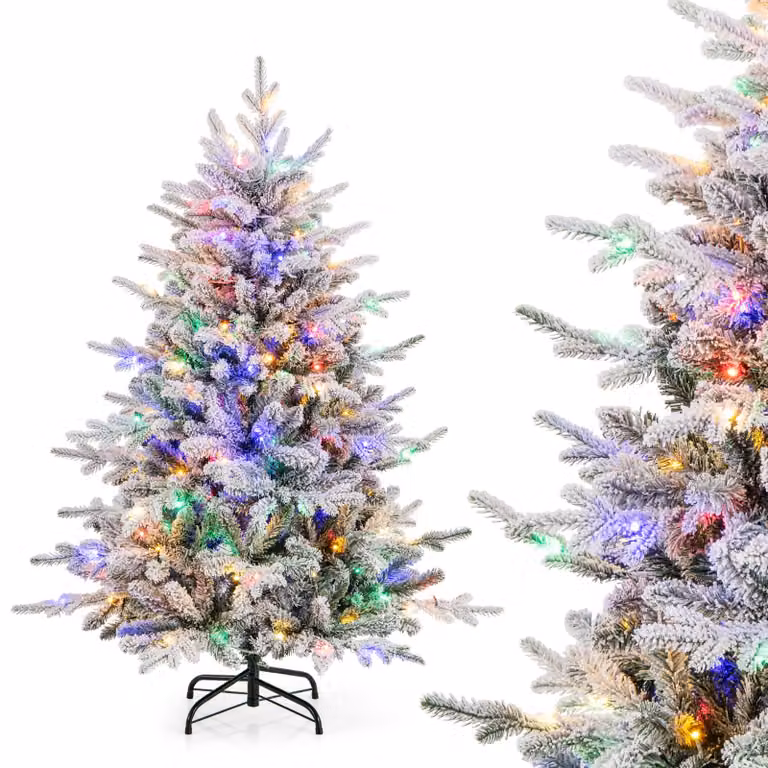 COSTWAY Albero di Natale artificiale da 135 cm, albero di Natale floccato con 160 LED multicolore, 8 modalità di illuminazione e 436 punte di rami, albero di Natale illuminato