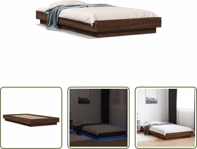 The Living Store Struttura letto con LED effetto rovere marrone 100x200 cm Materiale a base di legno
