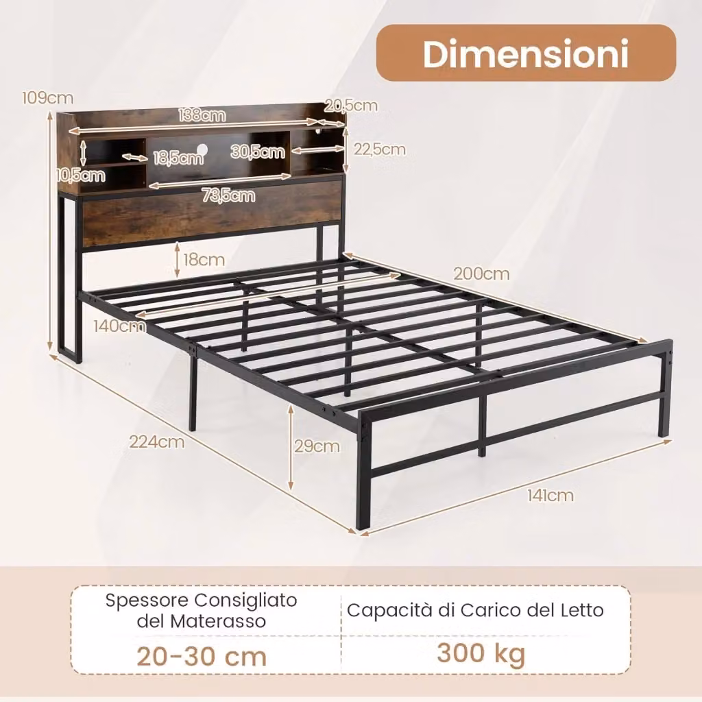 Letto Matrimoniale Costway in Stile Industriale con Testiera, Luci LED, Porte USB e Ripiani Portaoggetti, L/P: 140 x 200 cm, Colore Nero e Marrone – 2