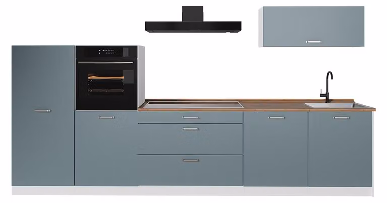 Cucina componibile Vicco R-Line Grigio-blu/Bianco 340 cm piano di lavoro Rovere dorato, Model 67318