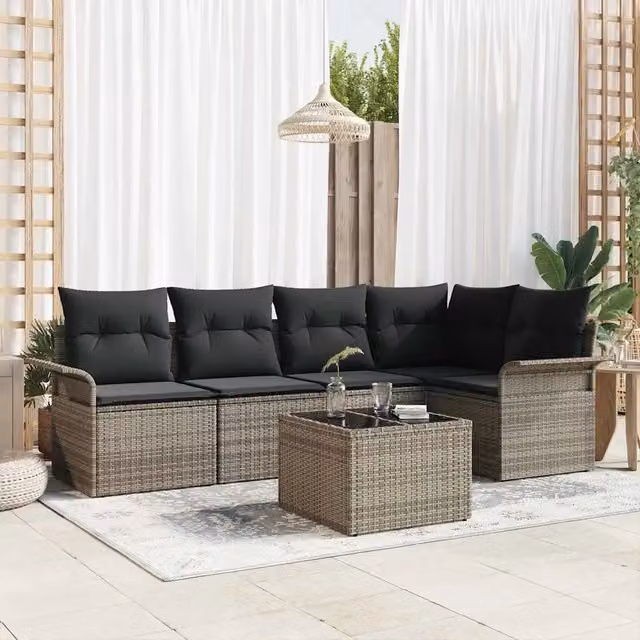 Set Divano da Giardino 6 Pezzi vidaXL Grigio con Cuscini e Tavolino in Polyrattan e Metallo