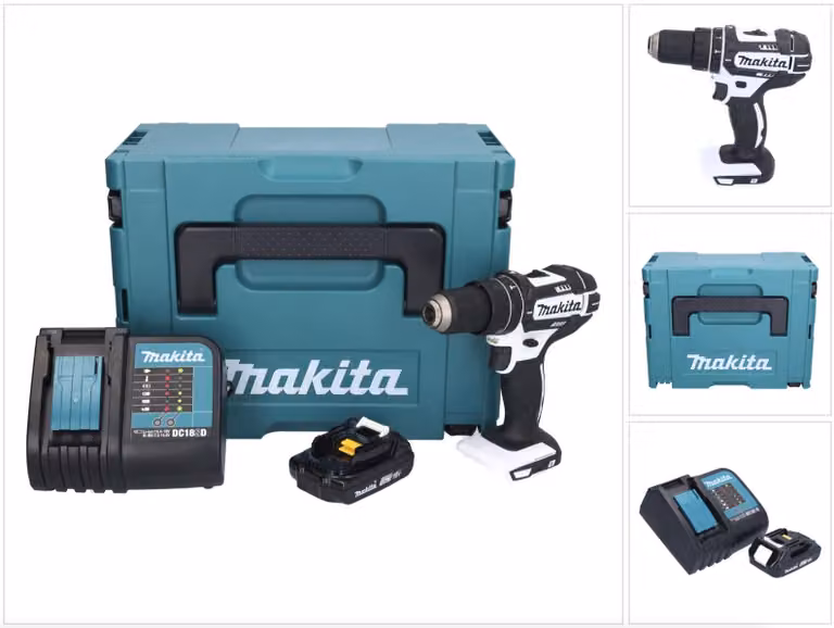 Trapano avvitatore a percussione a batteria Makita DHP 482 SY1JW 18 V 62 Nm bianco + 1 batteria da 1,5 Ah + caricabatterie + Makpac