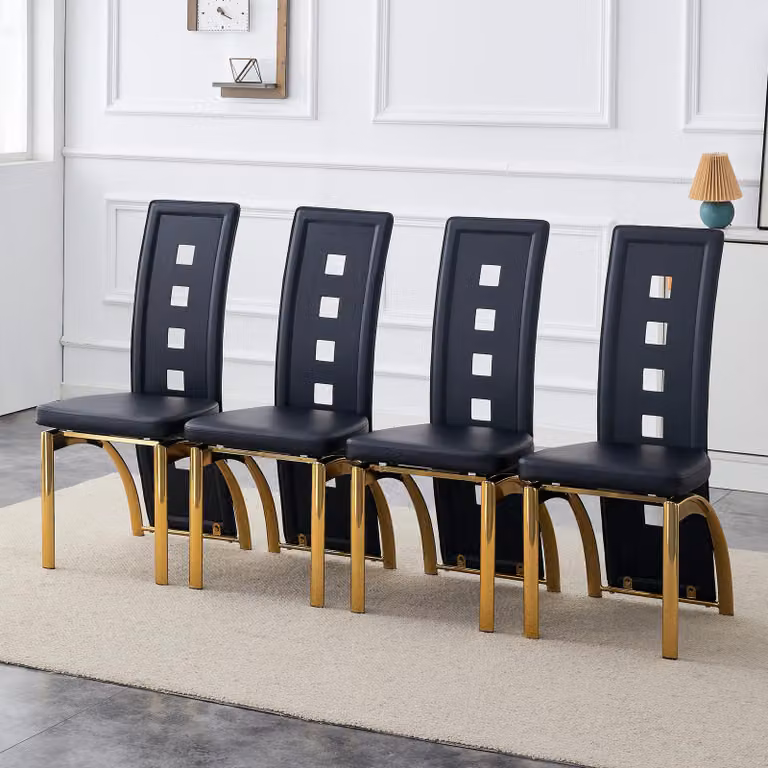 Set di 4 sedie da pranzo, motivo a fori, rivestimento in ecopelle, gambe in metallo, altezza 102,5 cm (nero e oro)