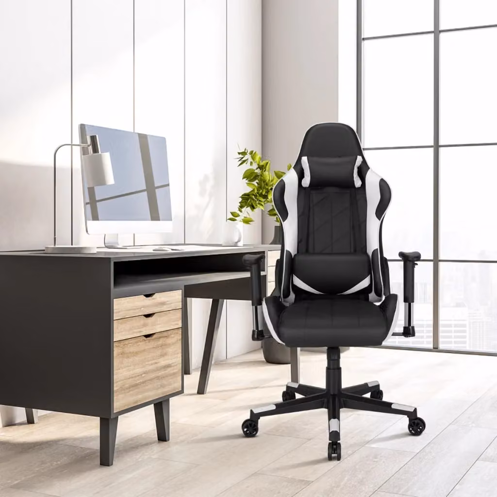 Sedia da gaming ergonomica girevole a 360 gradi con poggiatesta e cuscino lombare in ecopelle, Nero e bianco – 2