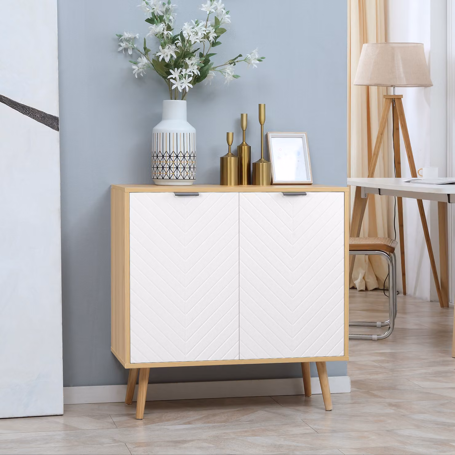 Mobile Multiuso Moderno HOMCOM in Legno di Pino e Truciolato con Ripiani Regolabili e Ante a Battente, Bianco e Marrone, L: 77 cm, P: 35 cm, H: 77.5 cm – 2