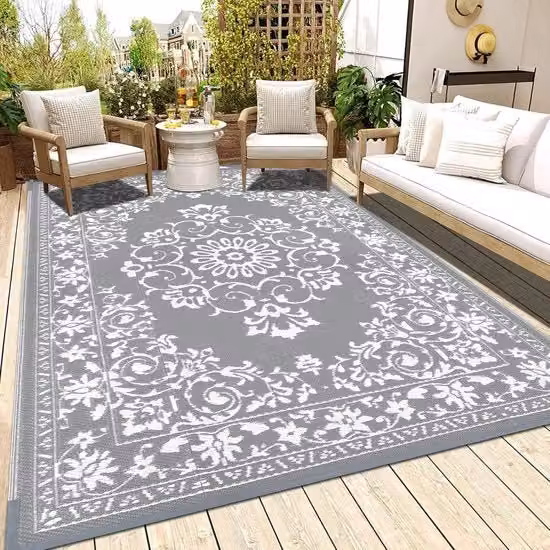 Tappeto da esterno Enyhom modello orientale reversibile in polipropilene grigio resistente ai raggi UV e facile da pulire
