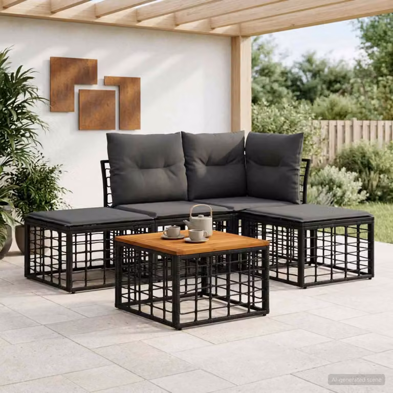 vidaXL Set di divani da esterno a L composto da 5 pezzi con tavolino, pouf ed elementi angolari, colore nero e grigio, struttura in metallo e tessuto con cuscini inclusi