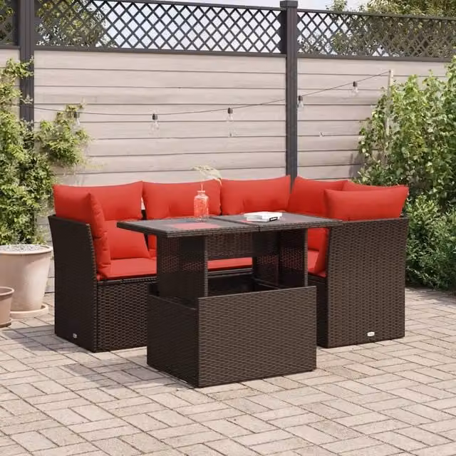Set Divano da Giardino 5 pz Cuscini Marrone Polyrattan e Acacia 3326155