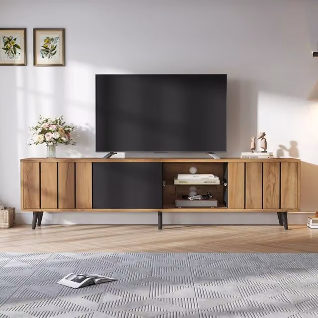 Mobile TV con 3 ante, nicchia semiaperta in vetro temperato, per soggiorno, per TV da 75 pollici, 175 × 31.5 × 45 cm