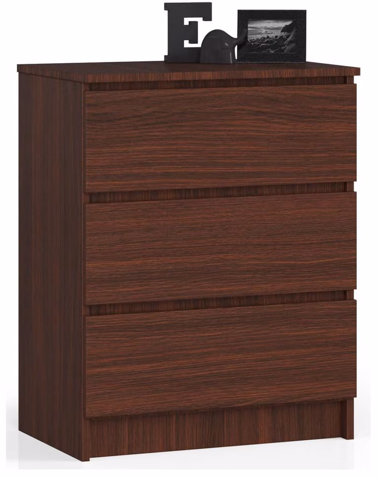 Comò elegante in colore wengé con 3 cassetti e design in laminato di alta qualità