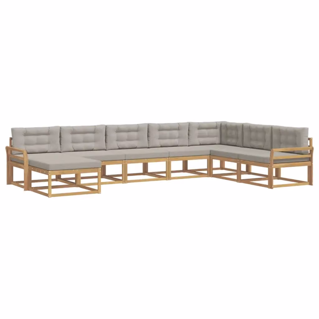 Set di divani da esterno a L vidaXL in legno di acacia con pouf e cuscini, Bianco e Grigio – 2