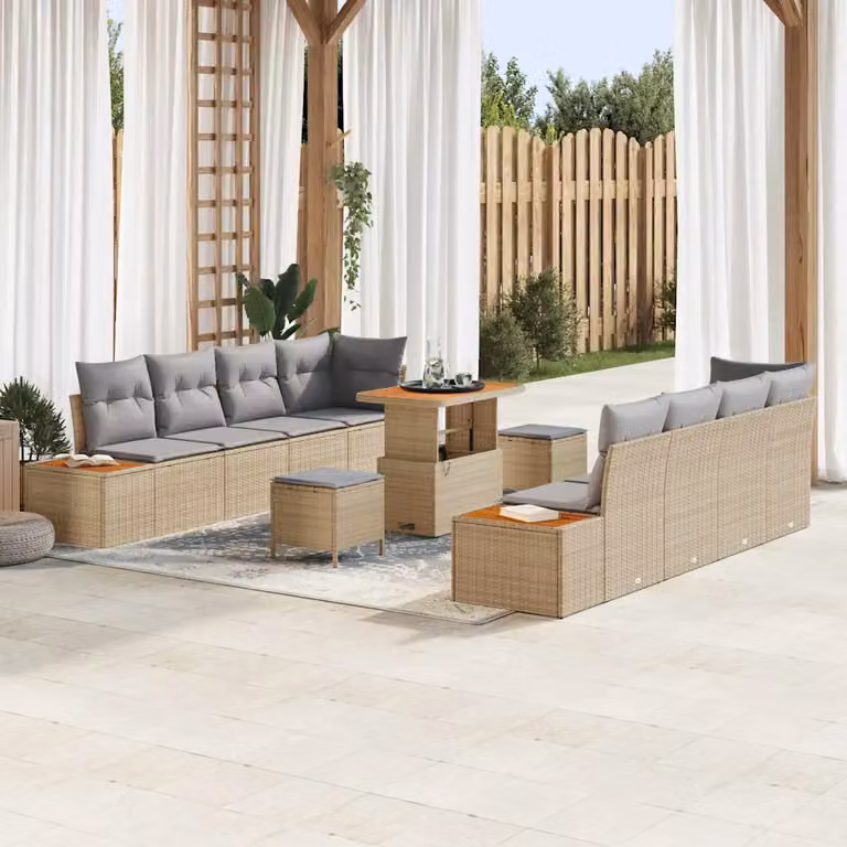 Set Divano da Giardino vidaXL 11 Pezzi Beige con Cuscini e Tavolino da Esterno in Rattan e Acciaio
