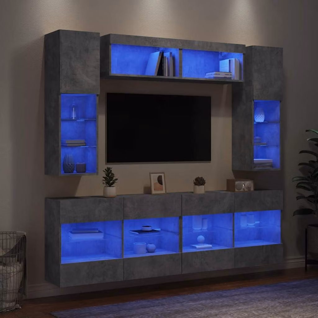 Set di mobili TV da parete vidaXL in 6 pezzi con luci LED integrate, design moderno in legno, colore grigio e marrone opaco – 1