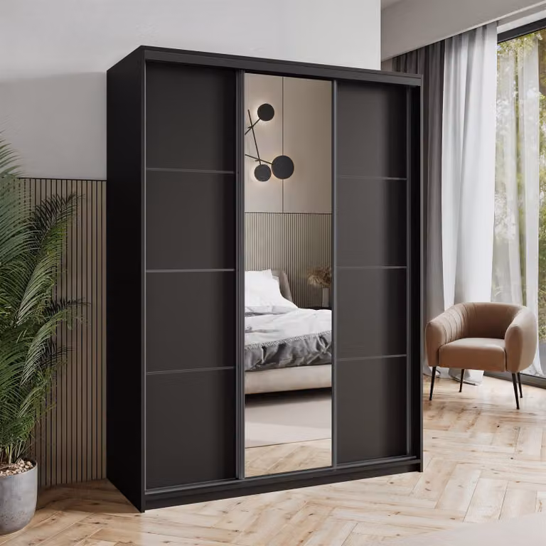 Armadio scorrevole Masseno VARO 150/205/60 cm Armadio con cassetti Armadio per camera da letto a 3 ante con specchio Nero + Nero