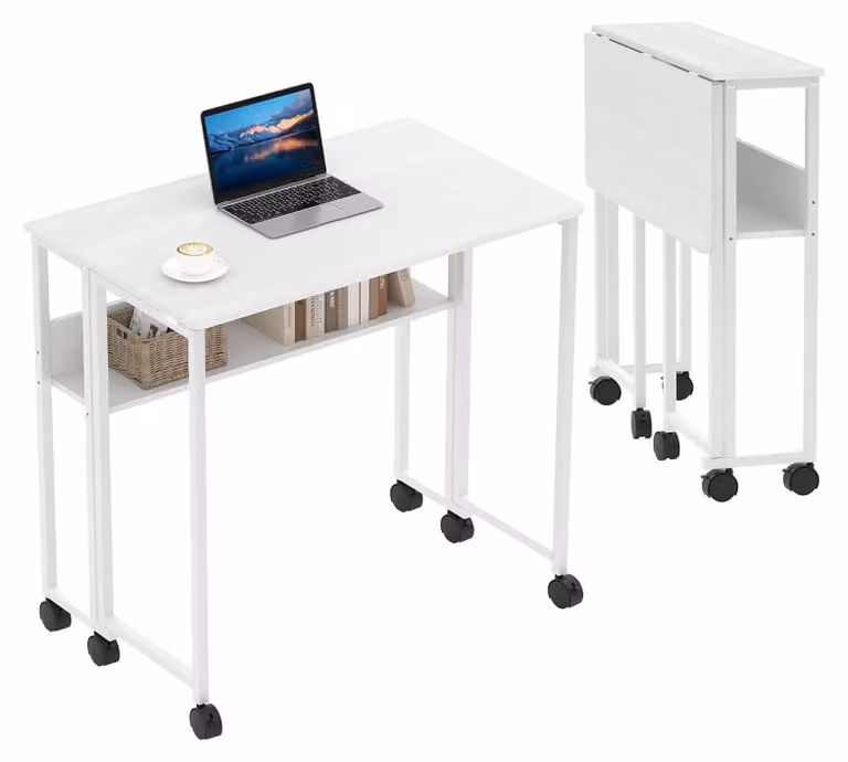 Scrivania salvaspazio – Tavolo pieghevole per computer da 63 cm – Con rotelle – Con spazio contenitivo – Tavolo per laptop – Rettangolare – Bianco