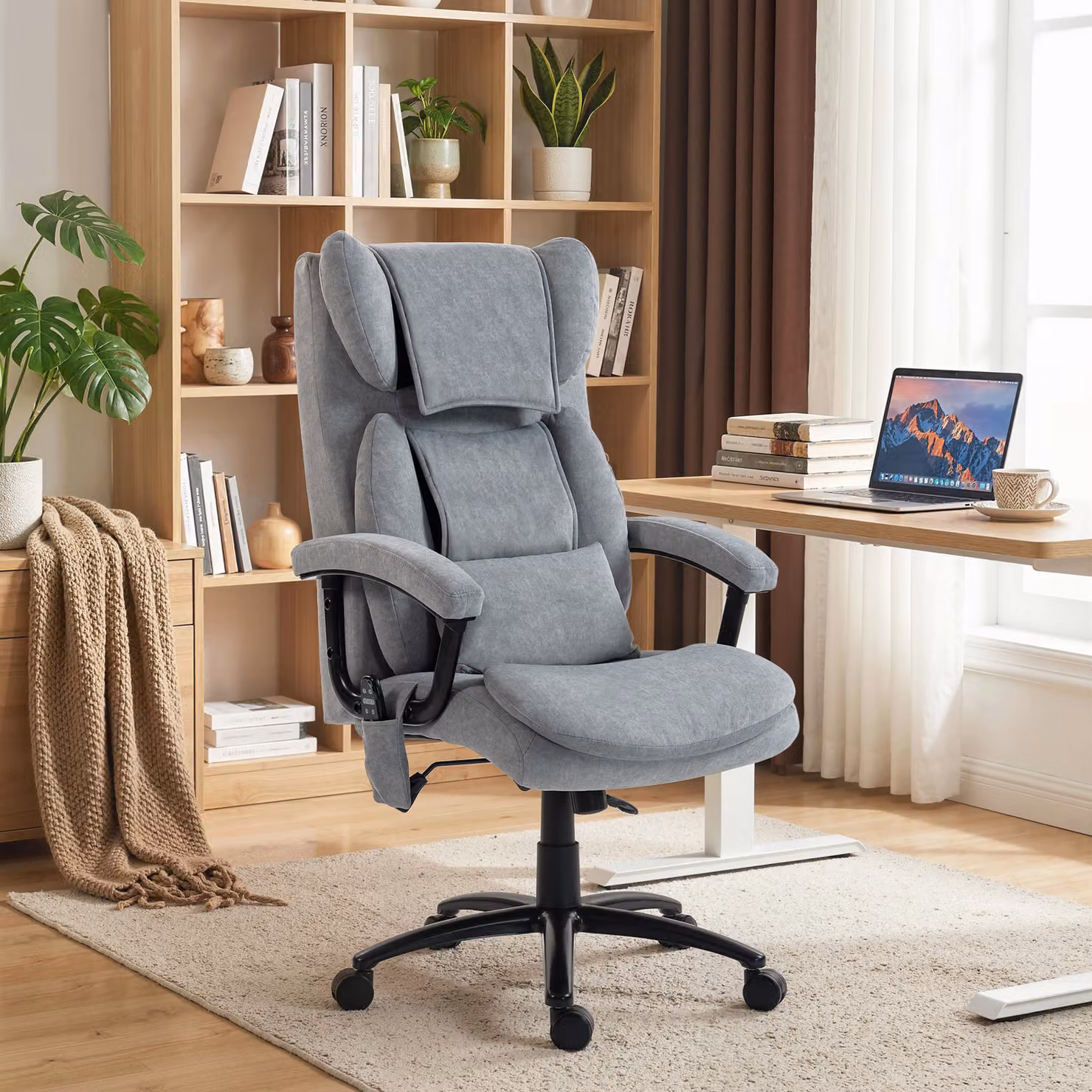 Sedia da ufficio ergonomica HOMCOM con massaggio a 4 punti, poltrona girevole con schienale alto a farfalla e braccioli, rivestimento in tessuto grigio – 2