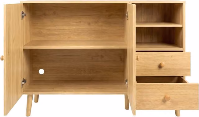 Credenza con ante curve, maniglie e piedi in legno, 2 ante, 2 cassetti e ripiani aperti, 118x35x82 cm, colore naturale