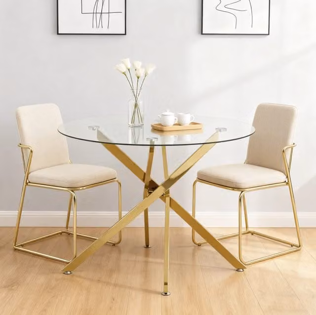 Tavolo da pranzo rotondo 80x80x76 cm con piano in vetro temperato e gambe metalliche dorate