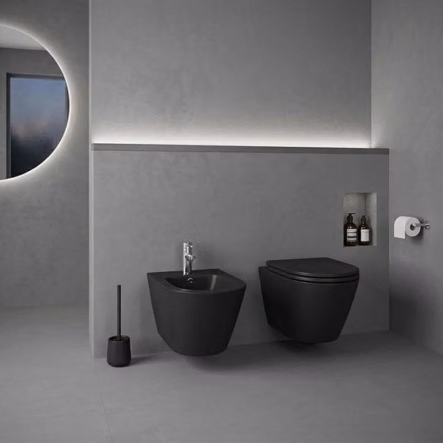 Set di sanitari sospesi Rak Ceramics FEELING in ceramica nero opaco con vaso, bidet e copriwater soft-close