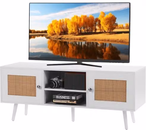Mobile TV VEVOR in stile Boho con Rattan e finitura Bianca, Console con 2 Ante e 2 Cassetti, L/P/H: 120 x 40 x 49 cm