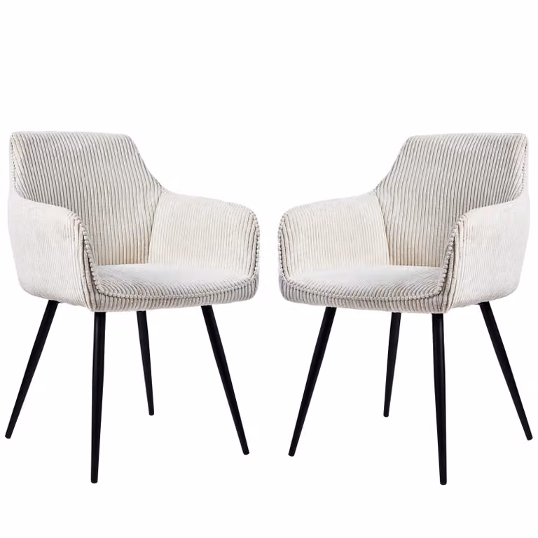 Sedia da pranzo AIORBER, 2 pezzi, tessuto a coste, con braccioli, ergonomica, morbida e confortevole, gambe nere, per sala da pranzo, soggiorno, 58x61x83 cm, beige