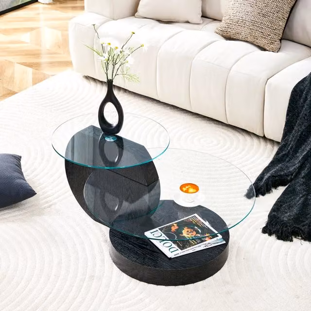 Tavolino basso fisso a più livelli in MDF nero effetto legno e vetro trasparente diametro 50 e 70 cm