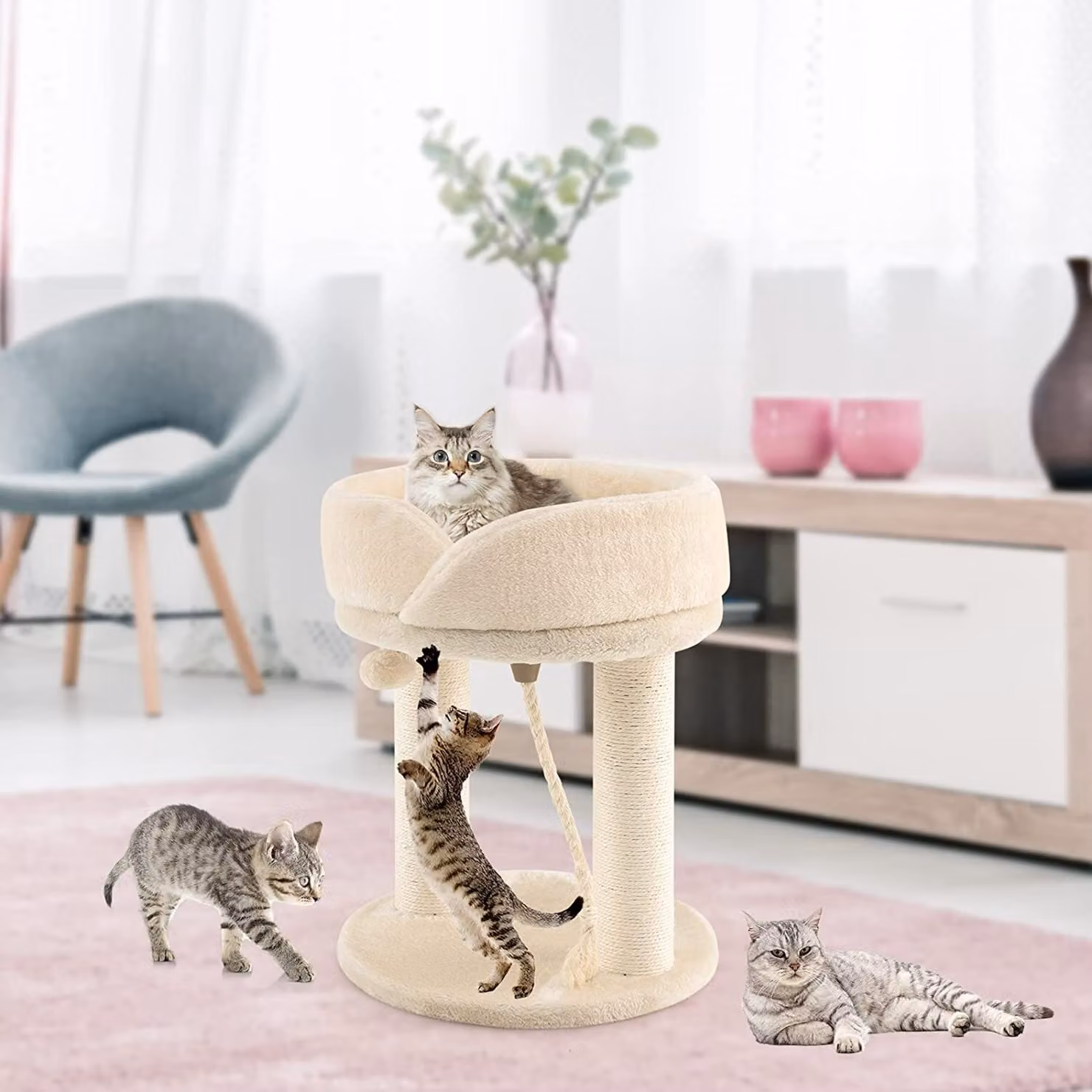 COSTWAY 4in1 tiragraffi piccolo 50,5 cm, albero per gatti con seduta morbida, base, palla di pelo e corda in sisal, tiragraffi in legno per gatti, albero da arrampicata, arredamento per gatti, beige