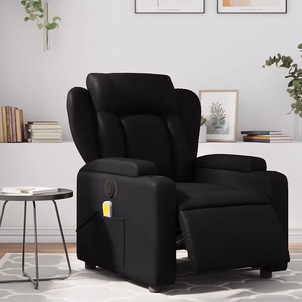 Poltrona Relax Reclinabile Elettrica in Similpelle Nera con Braccioli e Struttura in Metallo e Legno – 2