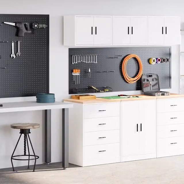 Set di 2 armadi da garage bianchi vidaXL in legno multistrato con supporto a parete