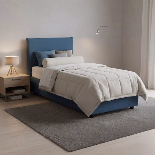 Letto singolo contenitore Alison di Talamo Italia con materasso incluso, rivestimento in tessuto blu, apertura frontale, dimensioni materasso: 90 x 200 cm