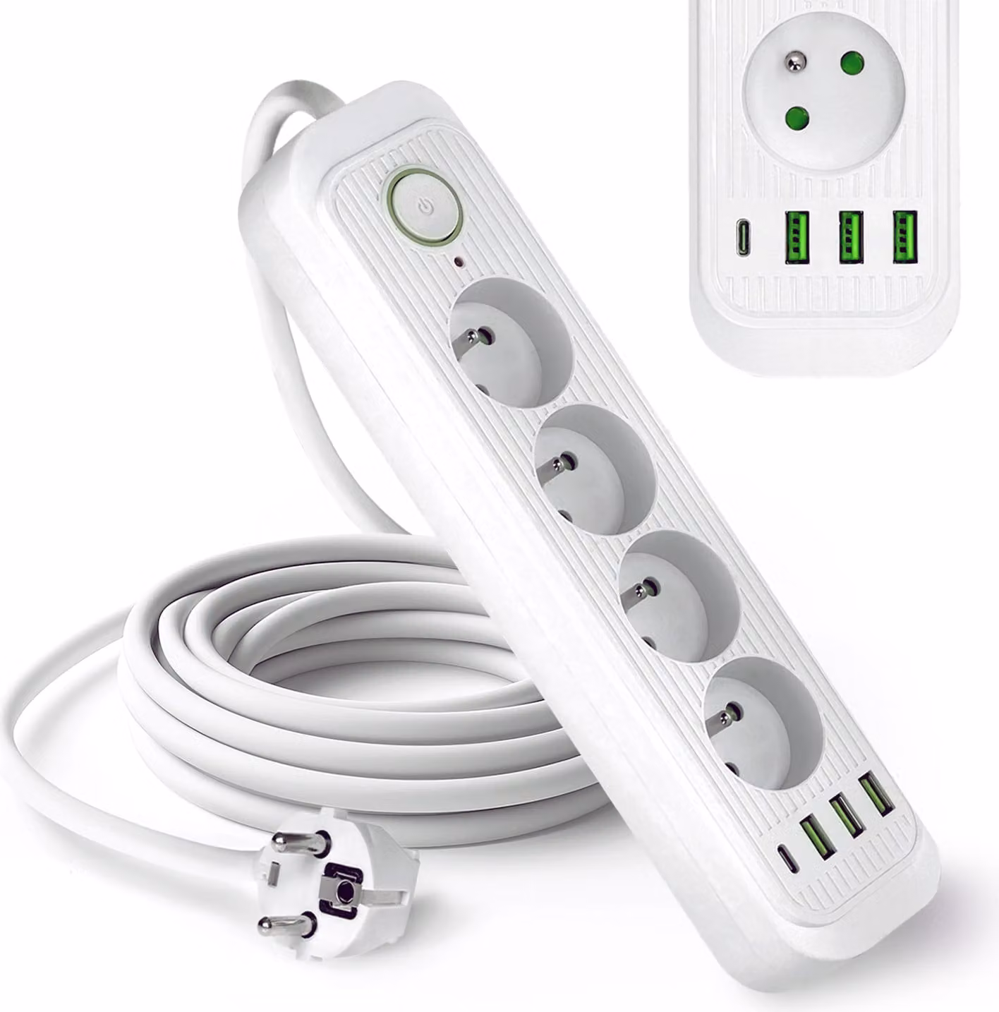 Ciabatta multipresa KOBI CONNECTO, bianca, con 4 prese, cavo da 3 metri, prolunga con 4 porte USB, interruttore on/off e messa a terra