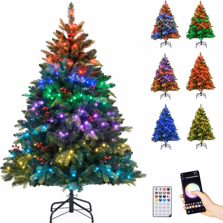COSTWAY Albero di Natale artificiale 150 cm con 250 luci RGB controllate da APP, punte dei rami in PE e PVC e telecomando, albero di Natale Albero di Natale