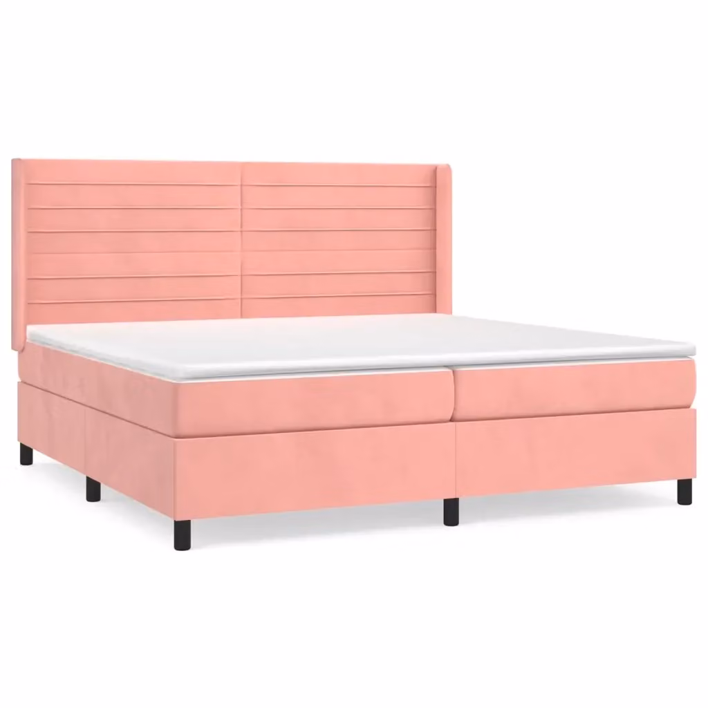 Letto matrimoniale con giroletto a molle e materasso ibrido vidaXL in velluto rosa e bianco L/P/H: 203 x 203 x 128 cm – 2