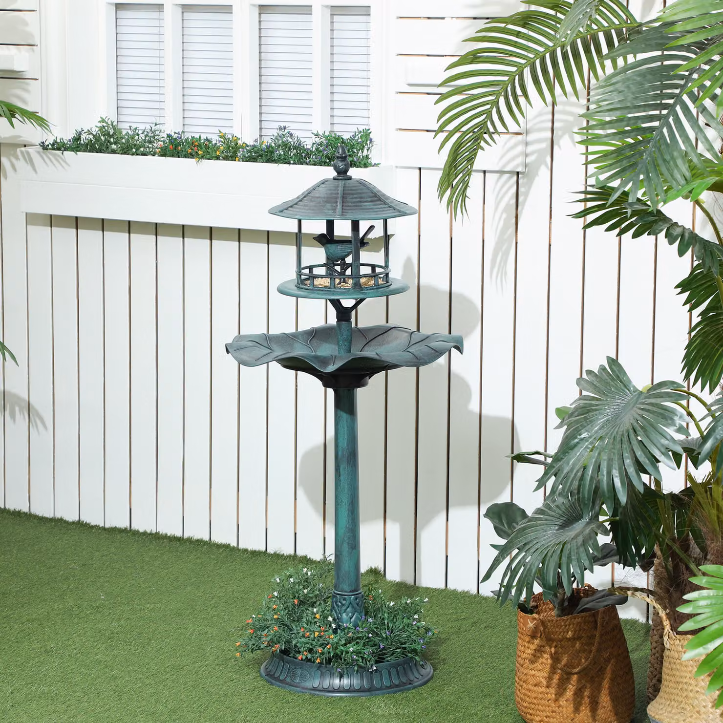 Fontana decorativa e abbeveratoio per uccelli Outsunny in polipropilene, Verde Ottone, Ø 50 x H 113 cm – 2