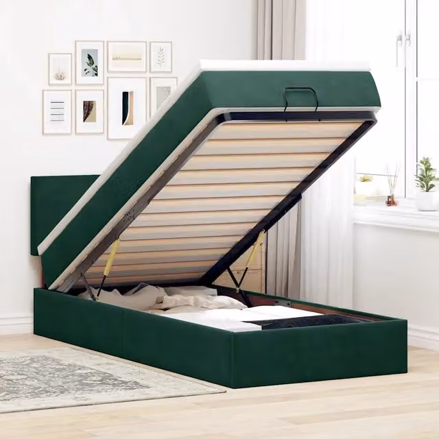 Letto con contenitore a sollevamento e materasso vidaXL in velluto verde e bianco, dimensioni 90 x 190 cm – 1