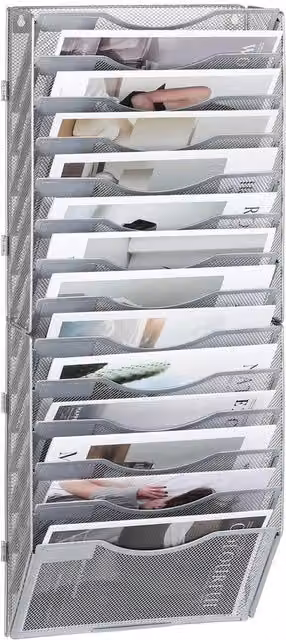 Organizzatore a muro per documenti A4, 14 compartimenti, color argento