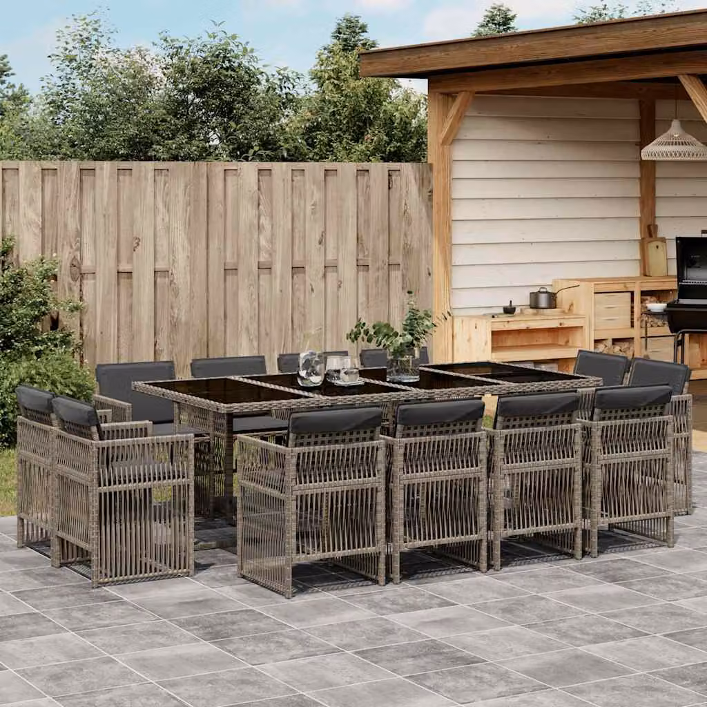 Set da Pranzo da Giardino vidaXL in Polyrattan con Cuscini e Tavolo in Vetro, 13 Pezzi, Grigio e Nero – 1